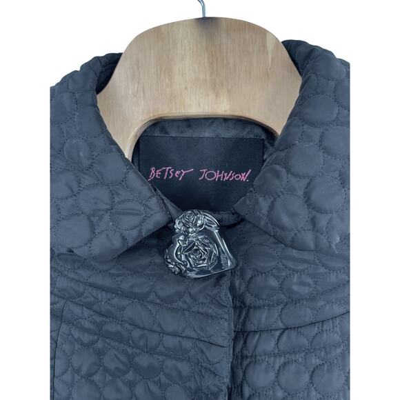 Betsey Johnson black quilted coat jacket heart button snap closure size M - Picture 5 of 7